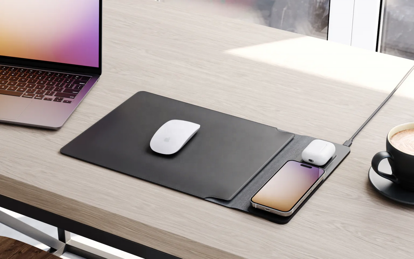 PU Leather Laptop Sleeve with Built-in Mouse Pad & Wireless Charger