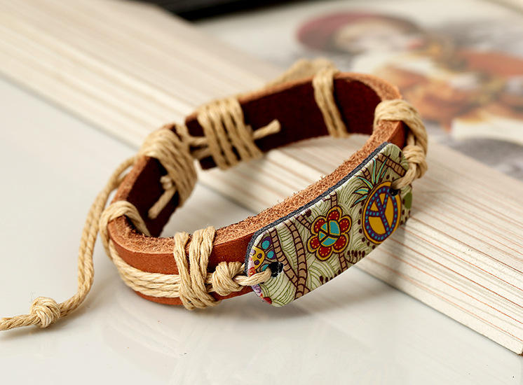 Sign of Peace Leather Bracelet – Unisex Genuine Leather Hemp Rope Braided Wrap Bangle for Men & Women