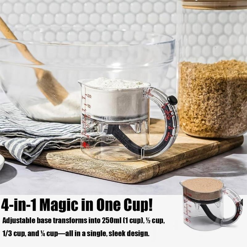 Multi-Functional 4-in-1 Measuring Cup – Adjustable Push Style with Space-Saving Base & Scraper