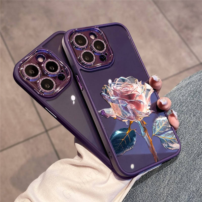 Glitter Diamond Glass Lens Protector Dream Rose Transparent PC Case for iPhone