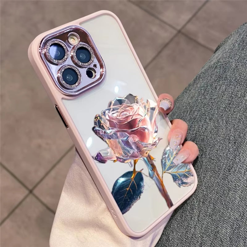 Glitter Diamond Glass Lens Protector Dream Rose Transparent PC Case for iPhone