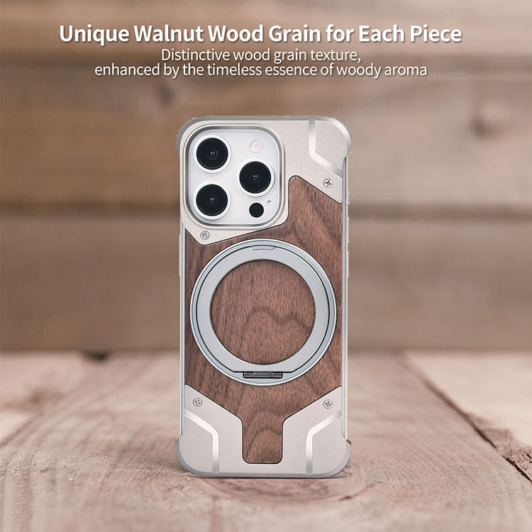 Luxury Aluminum Alloy Bumper with Real Walnut Wood Magnetic Stand Case for iPhone