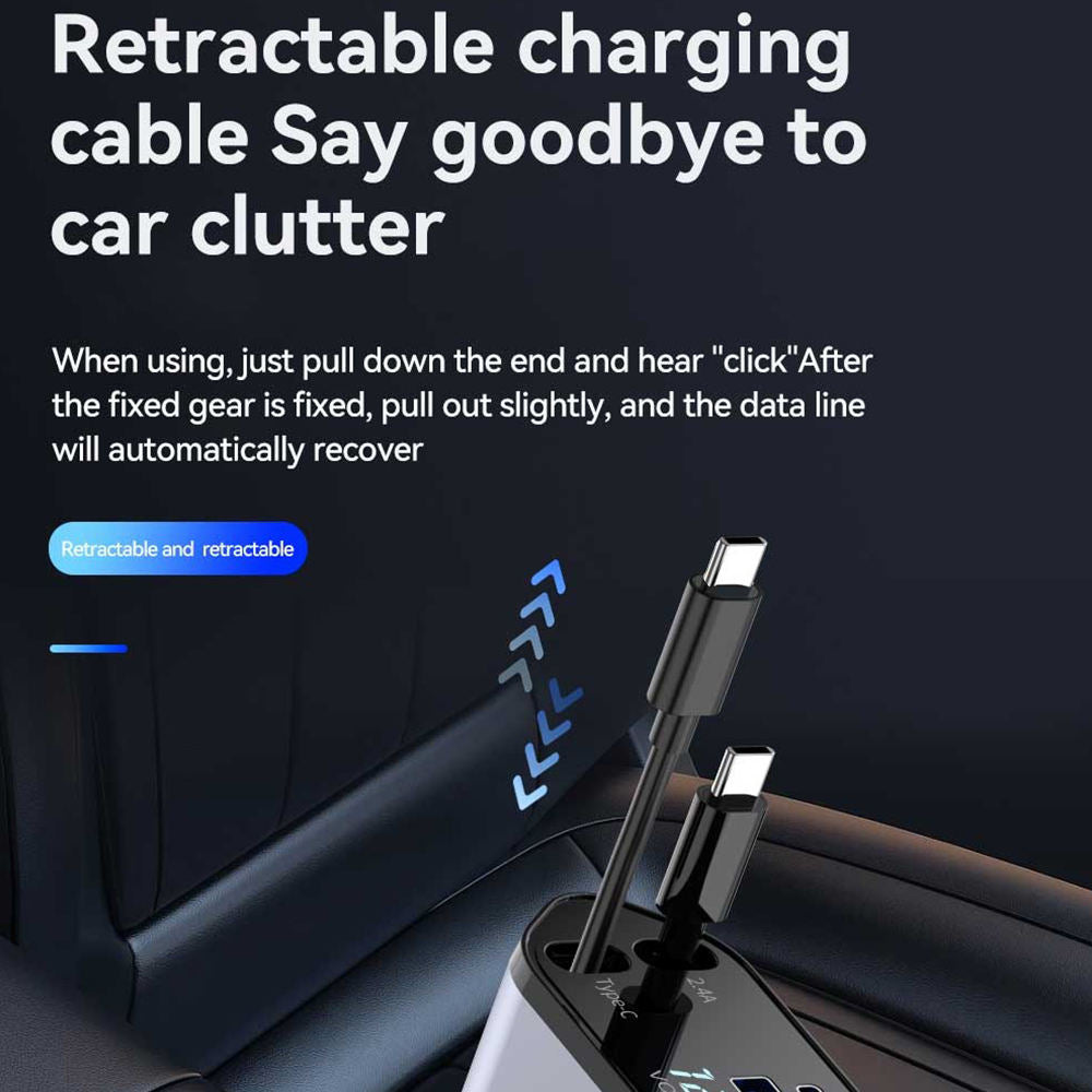 4-in-1 Fast Car Charger with LED Display & Retractable Type-C Cables – Portable for iPhone 16
