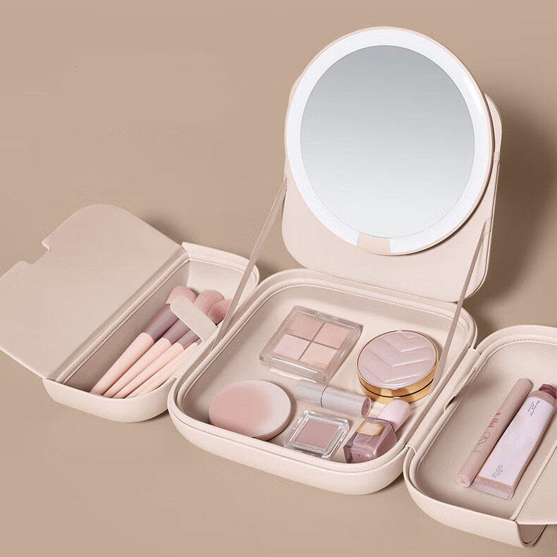 Portable White LED Makeup Mirror with Storage Bag – 5 Brightness Levels & 3 Color Modes, Travel-Friendly