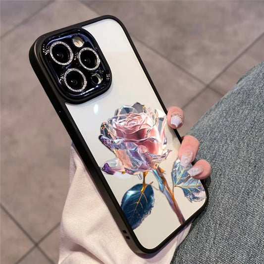 Glitter Diamond Glass Lens Protector Dream Rose Transparent PC Case for iPhone
