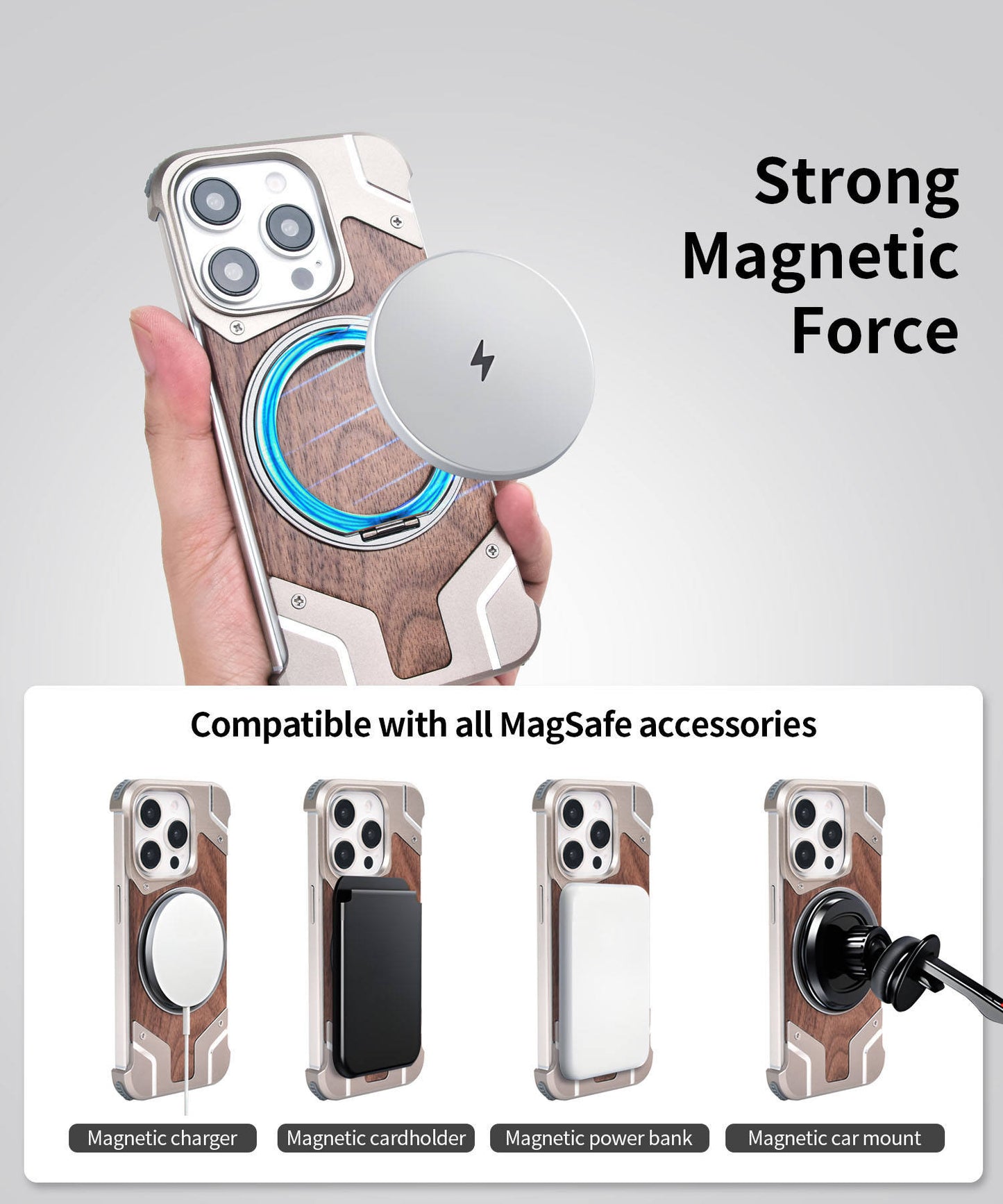 Luxury Aluminum Alloy Bumper with Real Walnut Wood Magnetic Stand Case for iPhone
