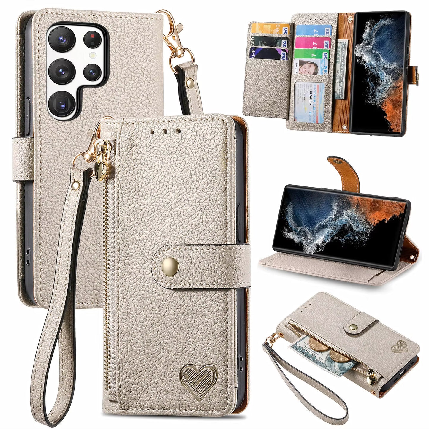 Luxury Heart Design Flip Leather Wallet Case for Girls – Card Holder & Book Style Cover for Mobile Phone