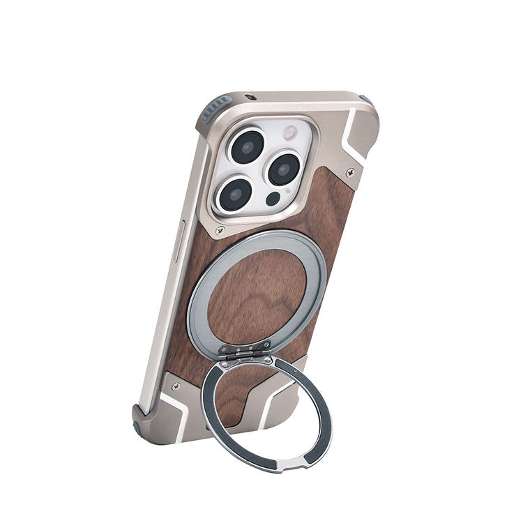Luxury Aluminum Alloy Bumper with Real Walnut Wood Magnetic Stand Case for iPhone