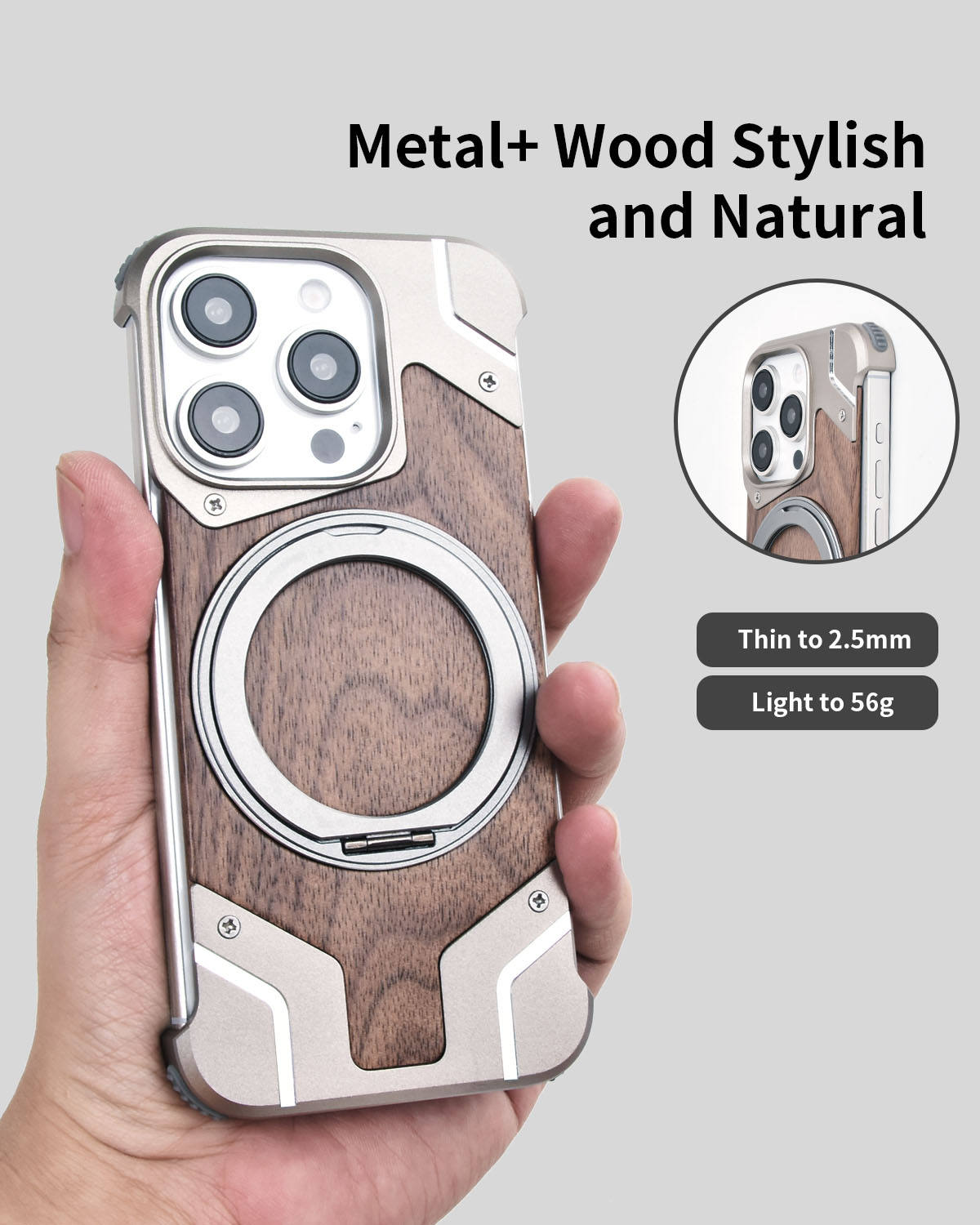 Luxury Aluminum Alloy Bumper with Real Walnut Wood Magnetic Stand Case for iPhone