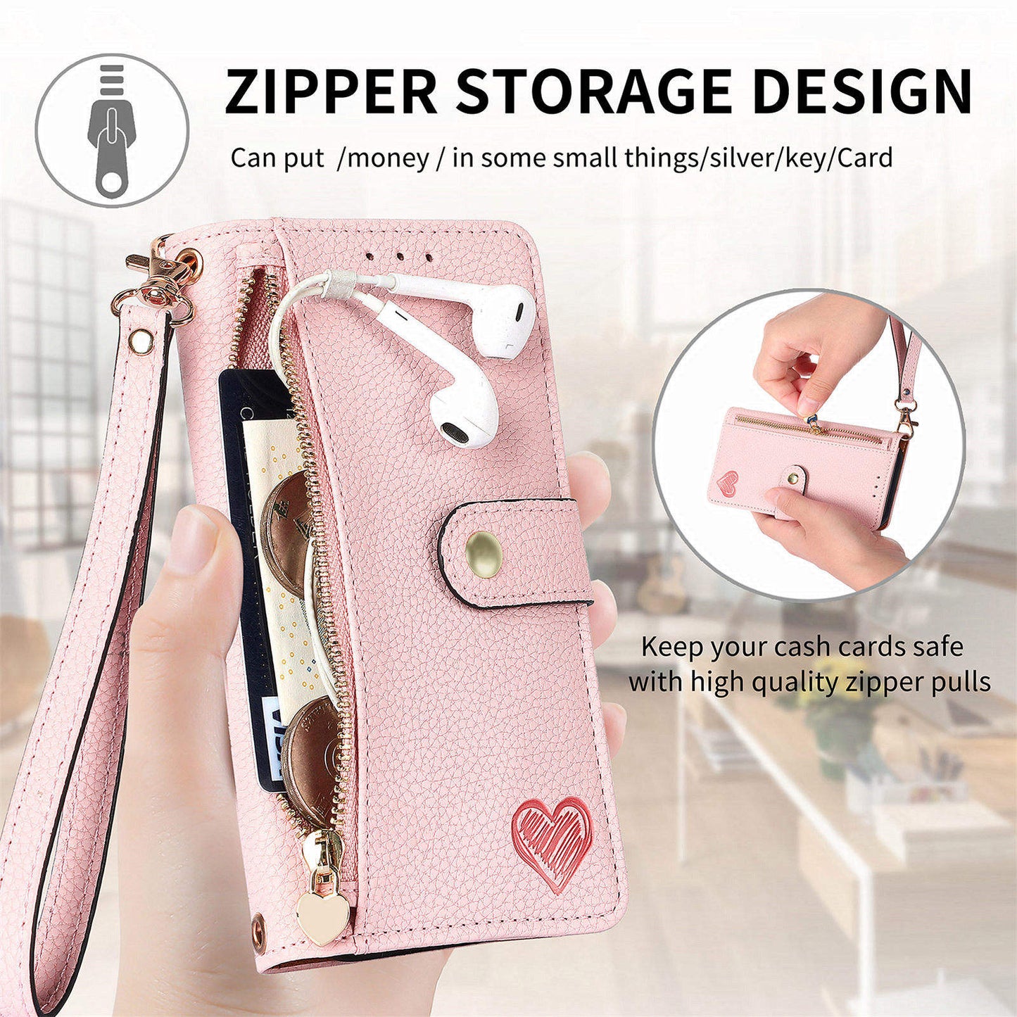 Luxury Heart Design Flip Leather Wallet Case for Girls – Card Holder & Book Style Cover for Mobile Phone