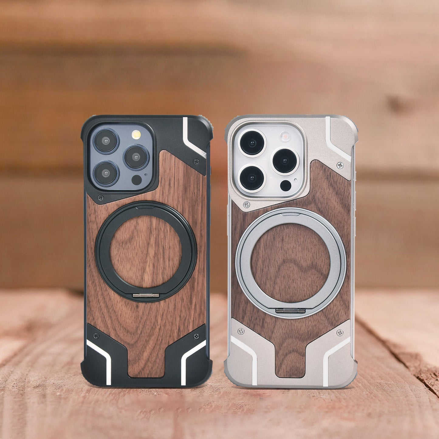 Luxury Aluminum Alloy Bumper with Real Walnut Wood Magnetic Stand Case for iPhone
