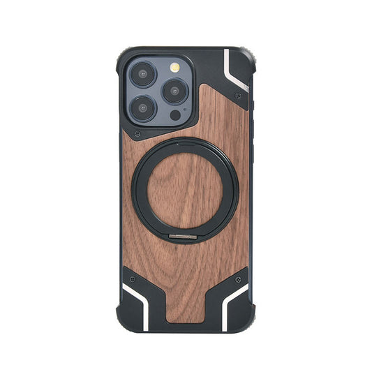 Luxury Aluminum Alloy Bumper with Real Walnut Wood Magnetic Stand Case for iPhone