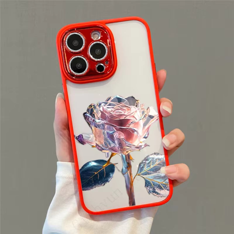 Glitter Diamond Glass Lens Protector Dream Rose Transparent PC Case for iPhone