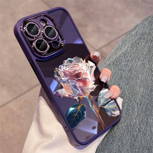 Glitter Diamond Glass Lens Protector Dream Rose Transparent PC Case for iPhone