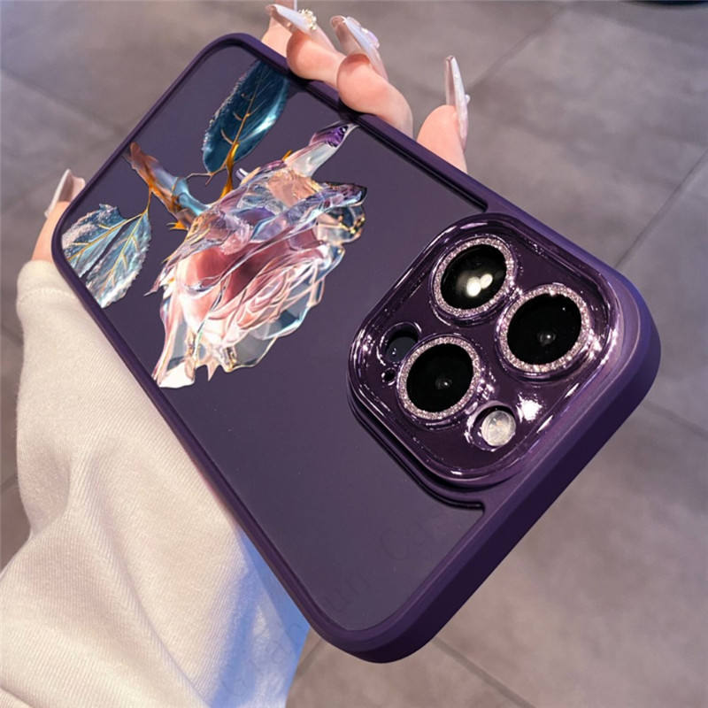 Glitter Diamond Glass Lens Protector Dream Rose Transparent PC Case for iPhone