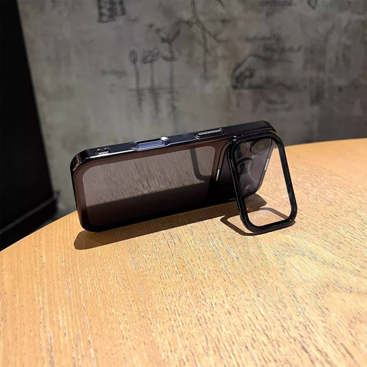 Folding Kickstand Electroplating Phone Case with Camera Frame Glass Protector for iPhone