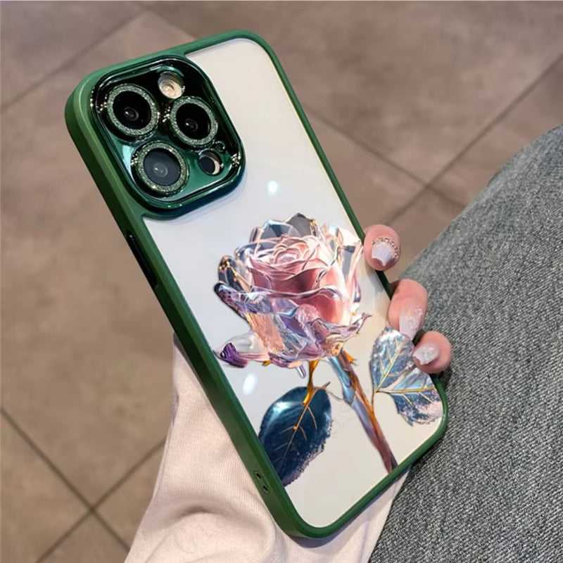 Glitter Diamond Glass Lens Protector Dream Rose Transparent PC Case for iPhone