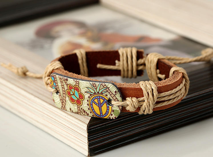 Sign of Peace Leather Bracelet – Unisex Genuine Leather Hemp Rope Braided Wrap Bangle for Men & Women