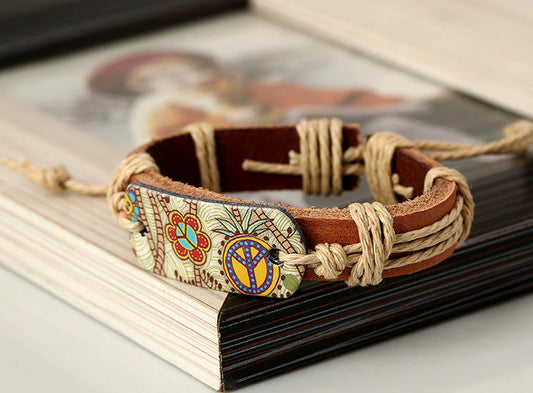 Sign of Peace Leather Bracelet – Unisex Genuine Leather Hemp Rope Braided Wrap Bangle for Men & Women