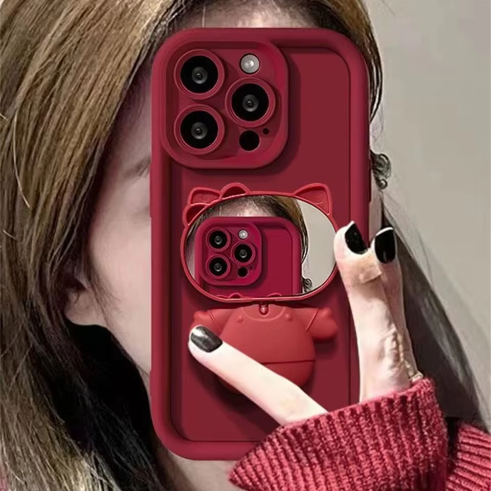 Luxury Melody Cartoon  Silicone Case with Mirror Bracket – Compatible with iPhone 12–16 & Pro/Max