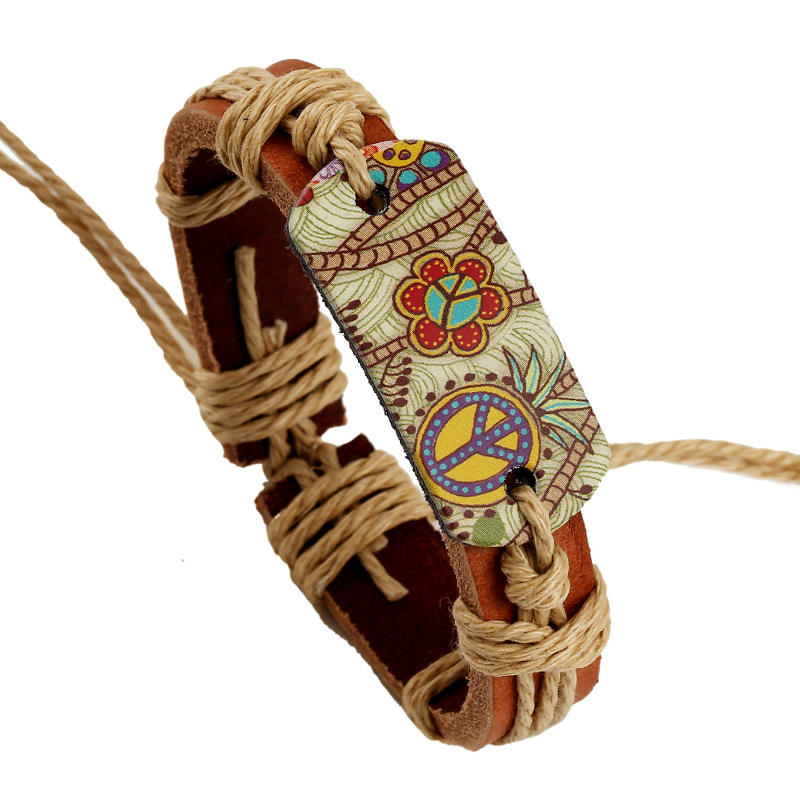 Sign of Peace Leather Bracelet – Unisex Genuine Leather Hemp Rope Braided Wrap Bangle for Men & Women
