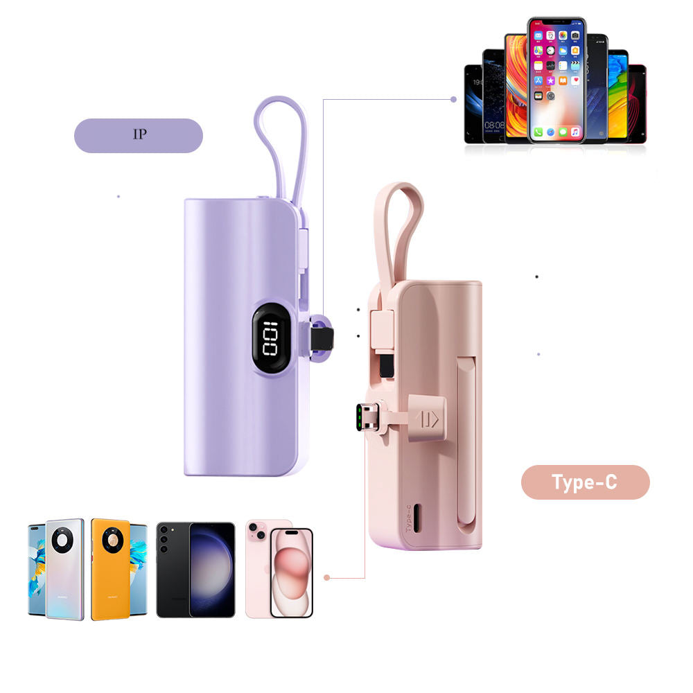 Mini Portable Power Bank 5000mAh | Built-in Charging Cable & Foldable Phone Holder