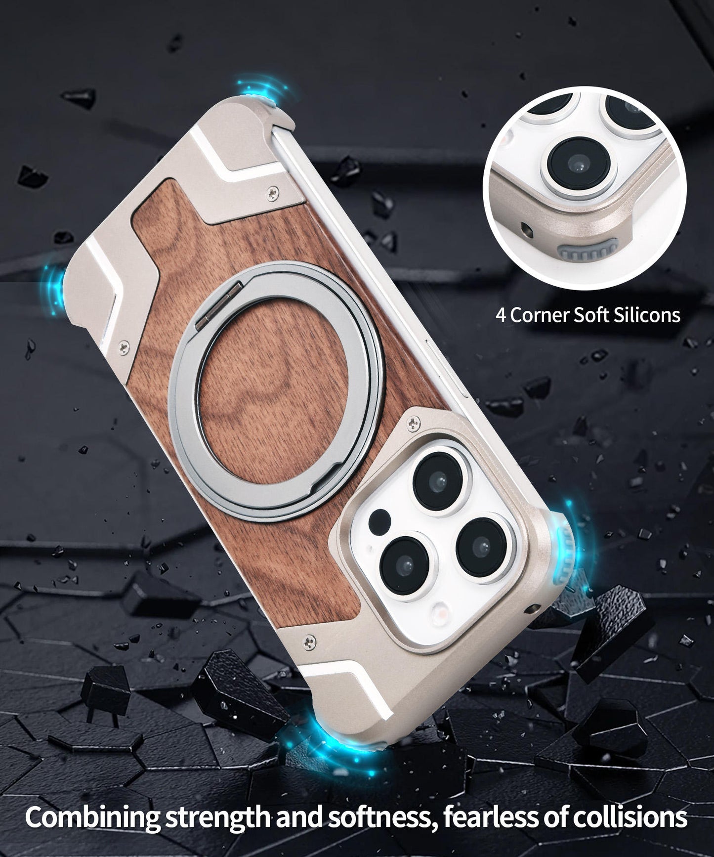 Luxury Aluminum Alloy Bumper with Real Walnut Wood Magnetic Stand Case for iPhone
