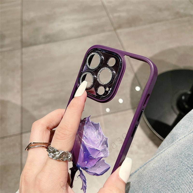Glitter Diamond Glass Lens Protector Dream Rose Transparent PC Case for iPhone