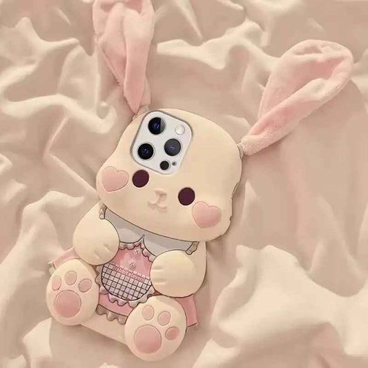 Cute 3D Plush Rabbit Ear Silicone Phone Case for iPhone – Soft Protective Shockproof Cover