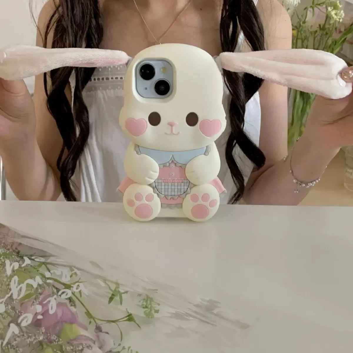 Cute 3D Plush Rabbit Ear Silicone Phone Case for iPhone – Soft Protective Shockproof Cover