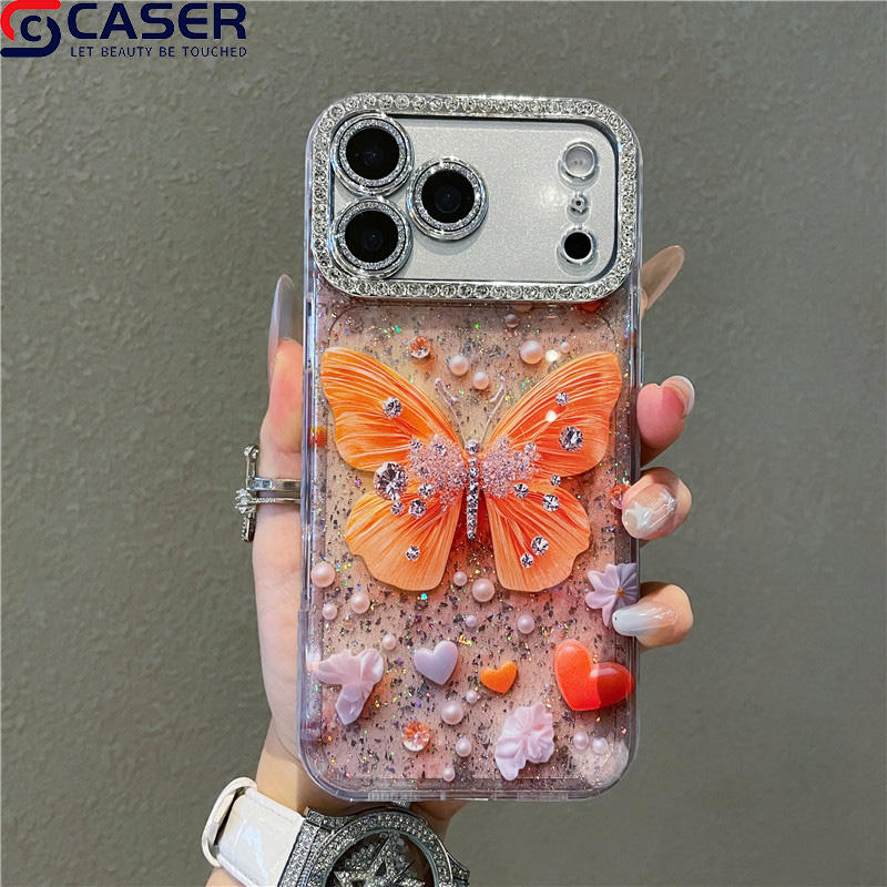 Sparkling Pearl Butterfly Diamond Case with Camera Lens Frame for iPhone