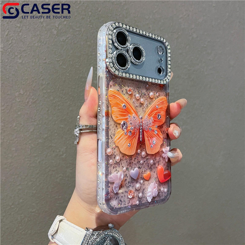 Sparkling Pearl Butterfly Diamond Case with Camera Lens Frame for iPhone