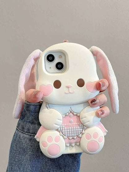 Cute 3D Plush Rabbit Ear Silicone Phone Case for iPhone – Soft Protective Shockproof Cover