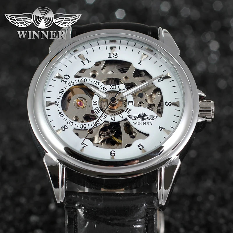 T-winner Leather Strap Skeleton Auto Mechanical Watch
