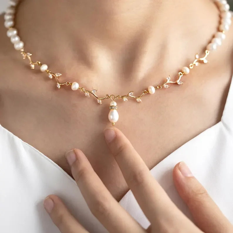 Gold Bridal Necklace with Pearls & Zircon