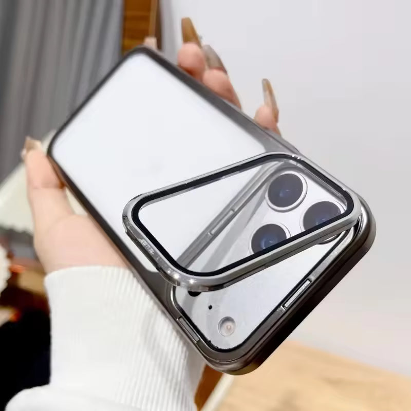 Folding Kickstand Electroplating Phone Case with Camera Frame Glass Protector for iPhone