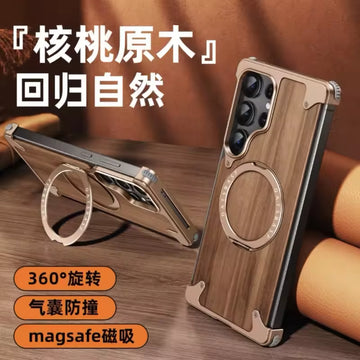 Premium Walnut Wood Metal Magnetic 360° Stand Case