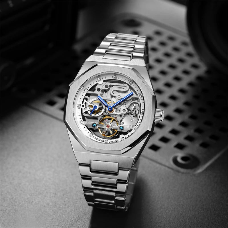 Luxury Silver 3D Hollow Automatic Watch for Men