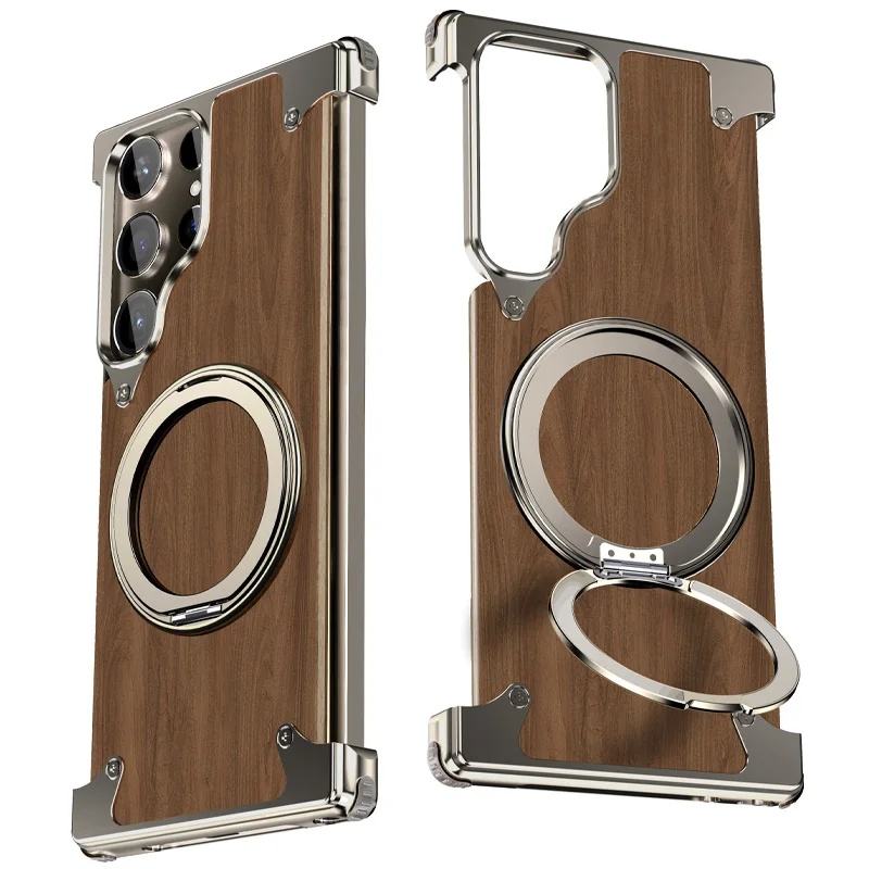 Premium Walnut Wood Metal Magnetic 360° Stand Case