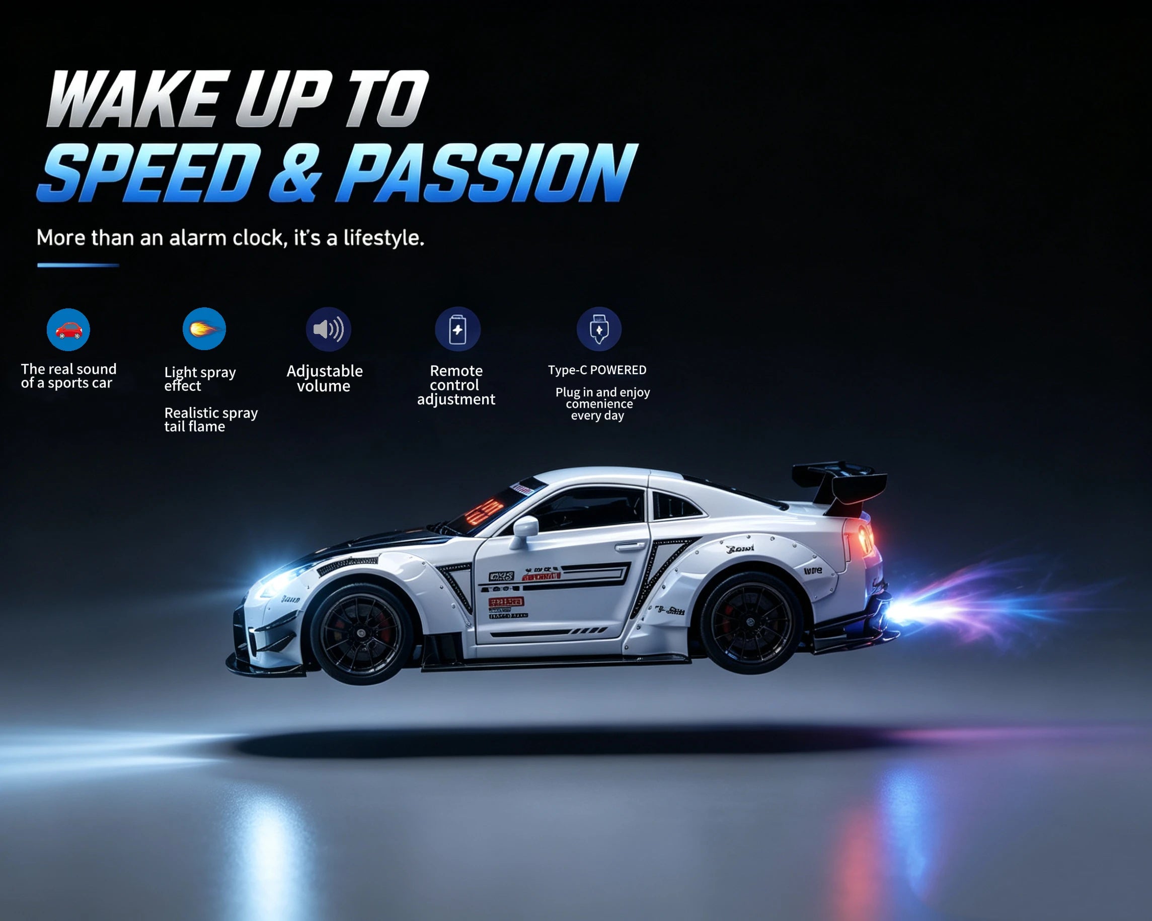Alarm Clock White/Black Realistic Engine and Light Effects Home Daily