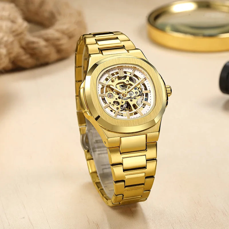 Luxury Mechanical Watch: Black & Gold Stainless Steel