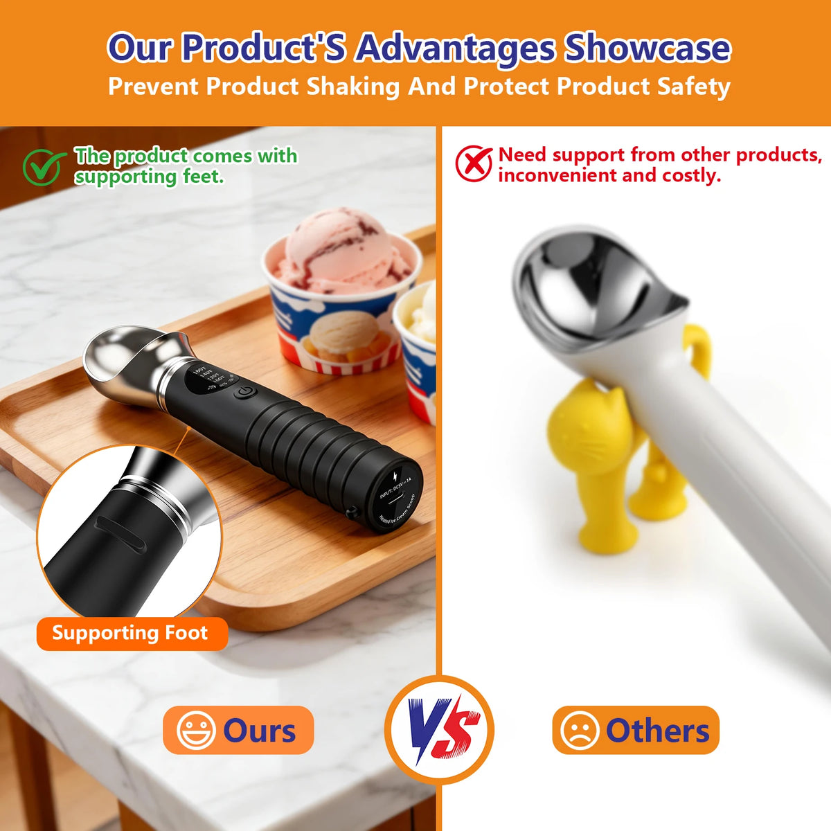 LED Heated Metal Ice Cream Scoop 4-Speed Temperature Control IP67