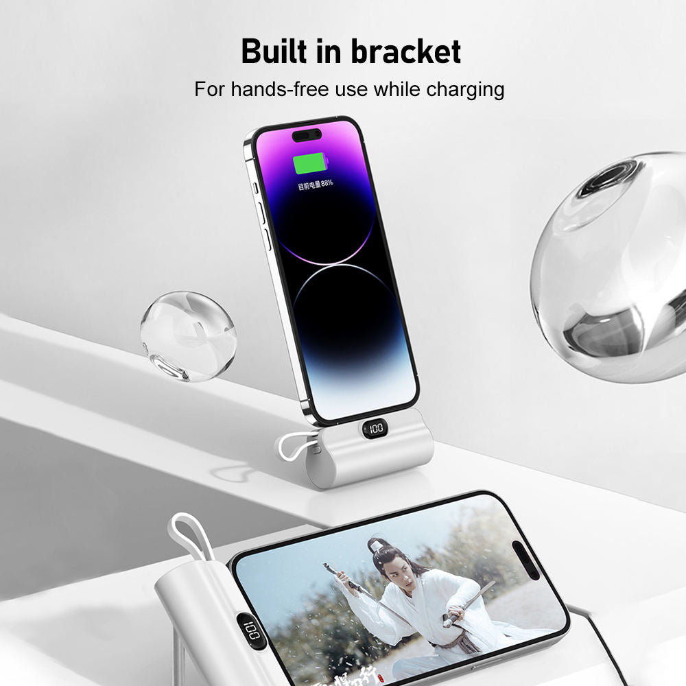 Mini Portable Power Bank 5000mAh | Built-in Charging Cable & Foldable Phone Holder