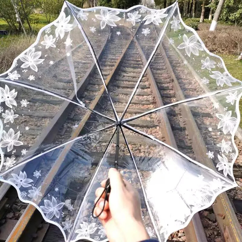 Cherry Blossm Printed 3-Folding Ruffled Edge POE Plastic Transparent Umbrella