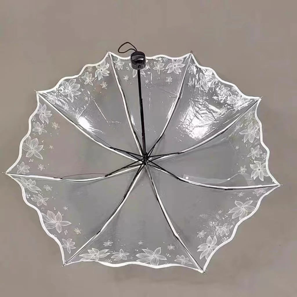 Cherry Blossm Printed 3-Folding Ruffled Edge POE Plastic Transparent Umbrella