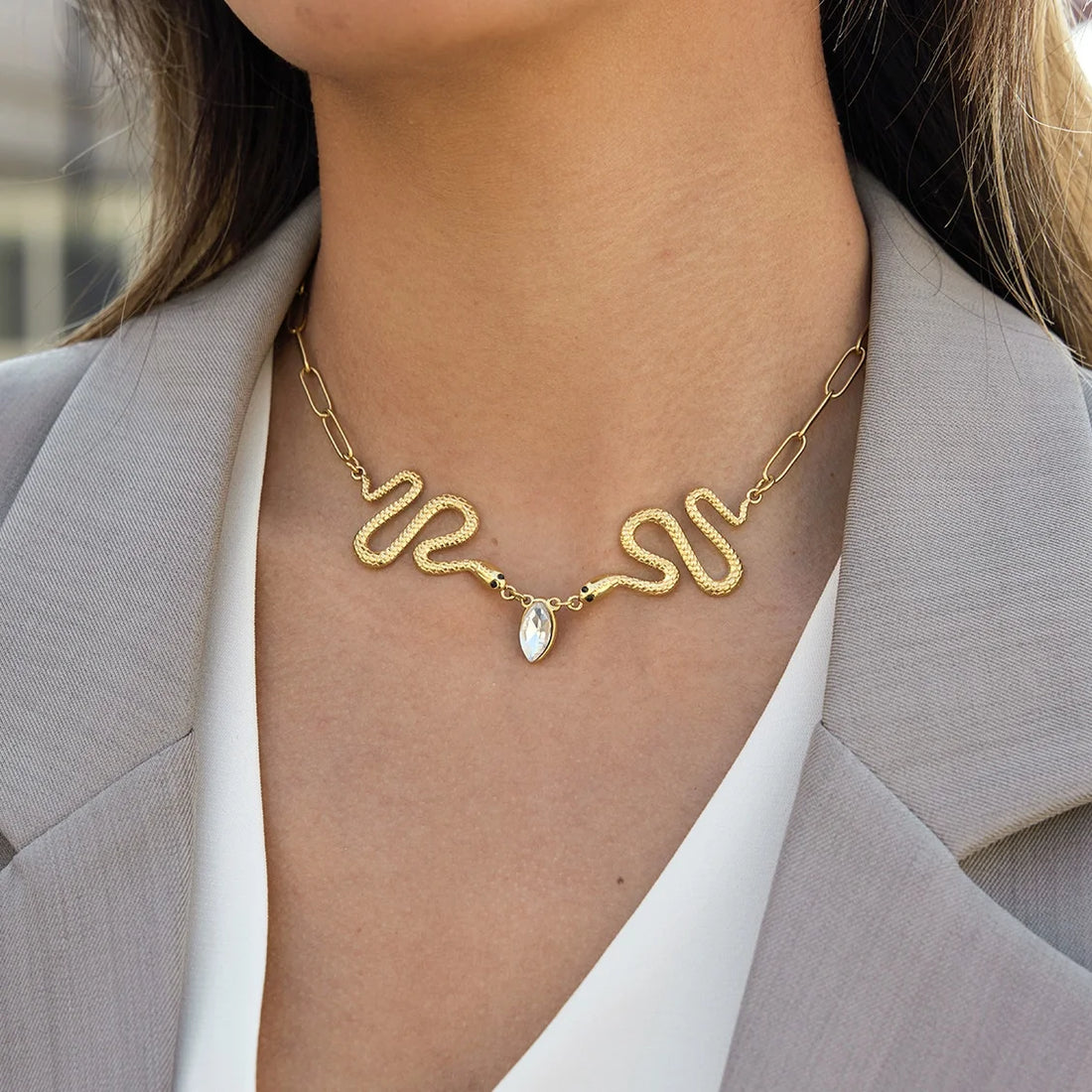 Luxury Rhinestone Snake Necklace - Stainless Steel