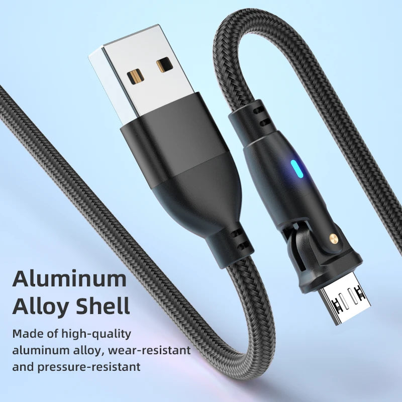Fast-Charging 180° Rotatable 3A USB Type-C Micro USB-C Cable 180° Right-Angle for Mobile Phones Computers