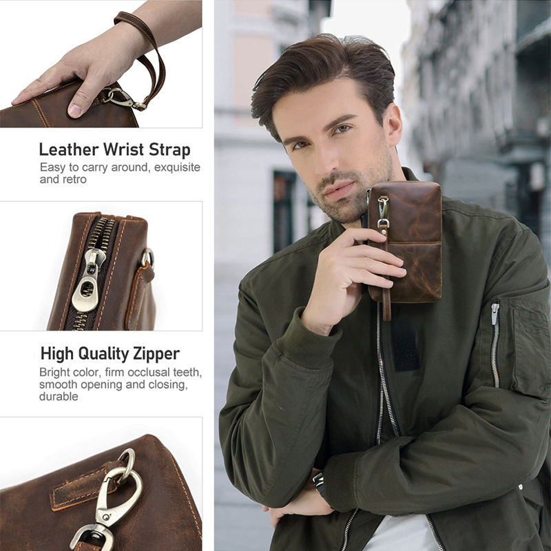 AndoBag Men’s Genuine Cow Leather Clutch Bag – RFID Blocking Long Wallet & Travel Wrist Purse