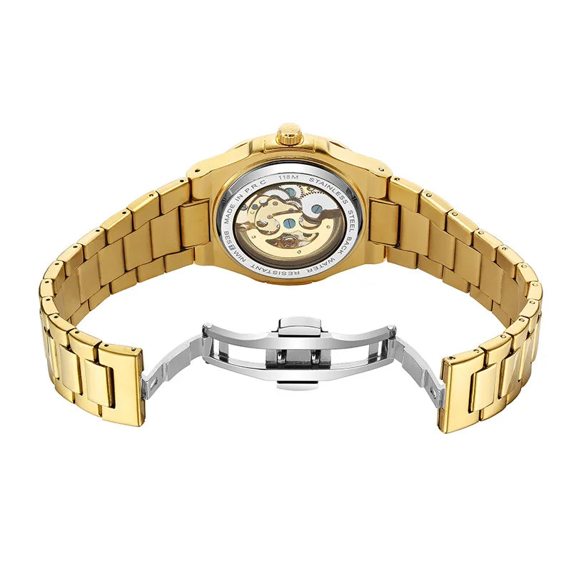 Luxury Mechanical Watch: Black & Gold Stainless Steel