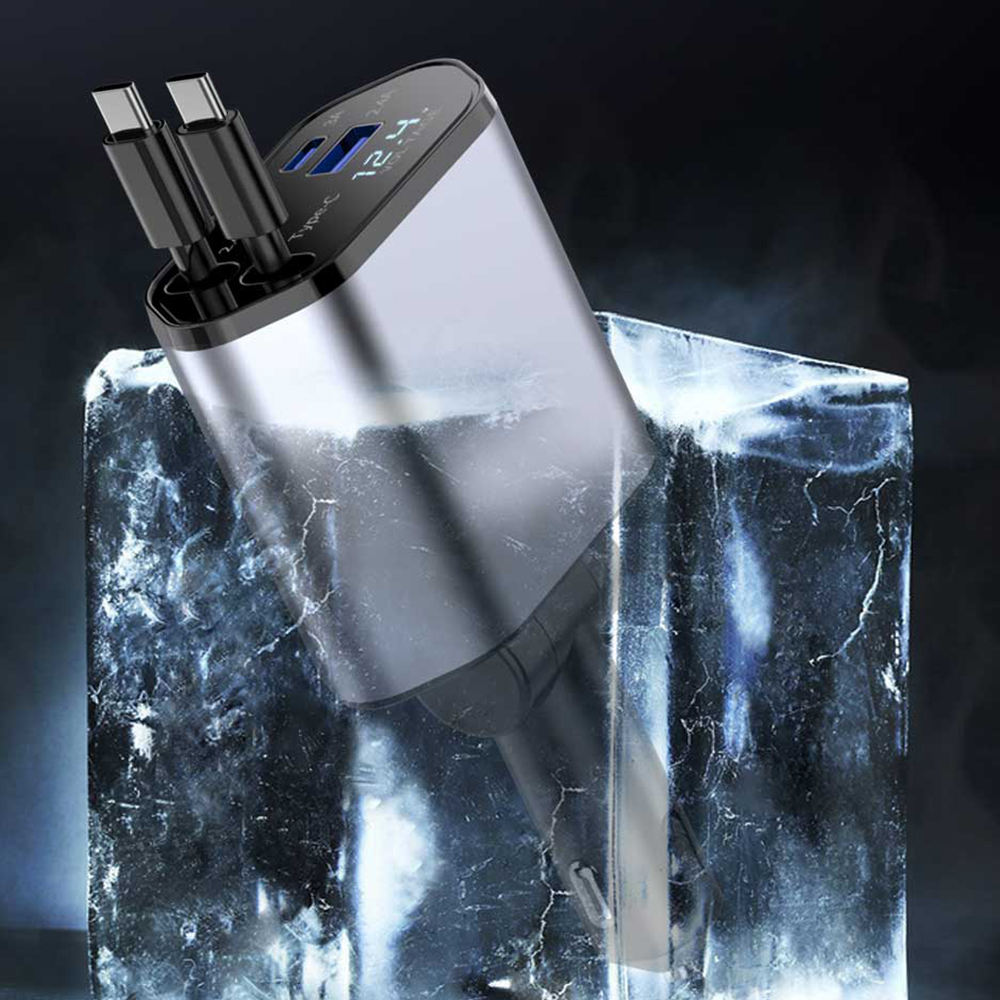 4-in-1 Fast Car Charger with LED Display & Retractable Type-C Cables – Portable for iPhone 16